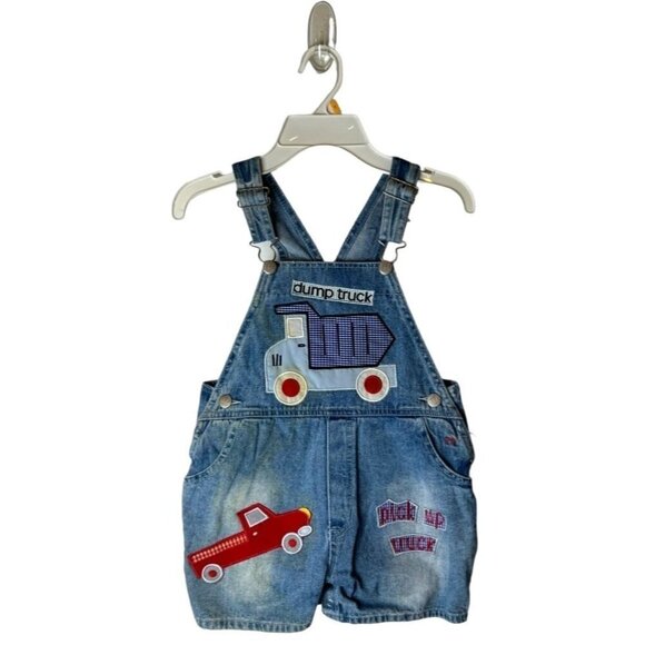 Designs By Marsha Denim Cotton Truck Embroidered Short‎ Overalls Size 4T - Picture 1 of 7